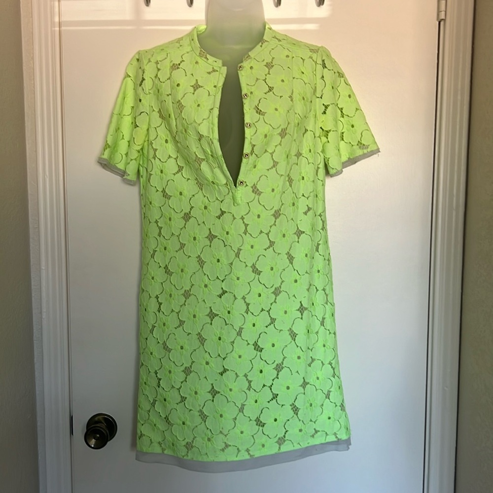 Bright highlighter yellow / green lace Diane Von Furstenberg dress with snaps